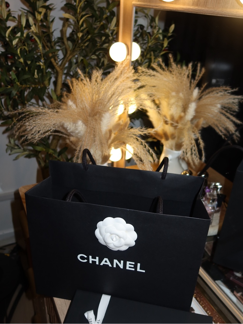 CHANEL Black Shopping Bag with White Camellia